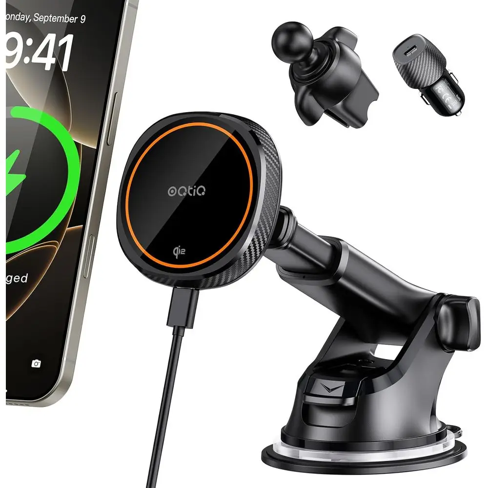 

Magnetic Car Mount - Qi Certified 15W Fast Wireless Charging Car Phone Holder with Strong Magnetic Grip, Built-in Cooling Fan, S