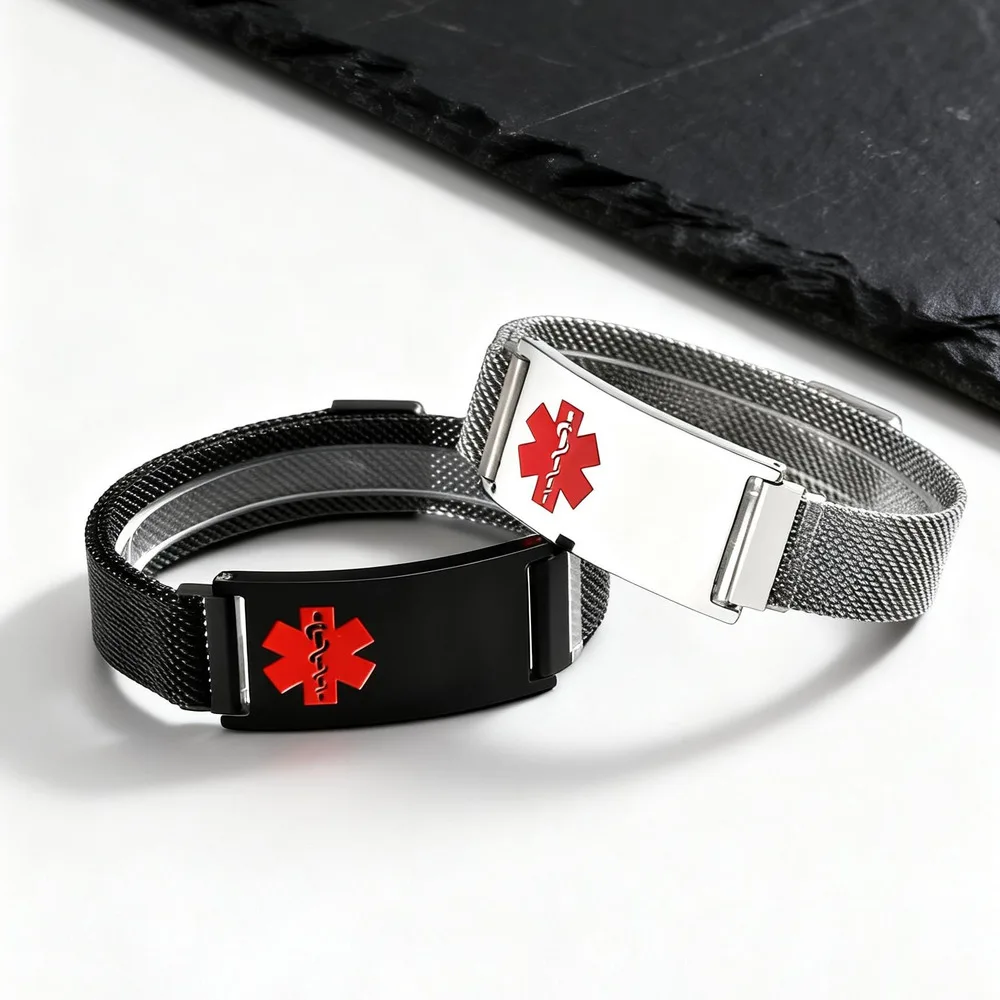 

Medical ID Magnetic Strap Bracelet for Men Women,Engrave Stainless Steel ID Wristband,Type I/II Diabetes Jewelry