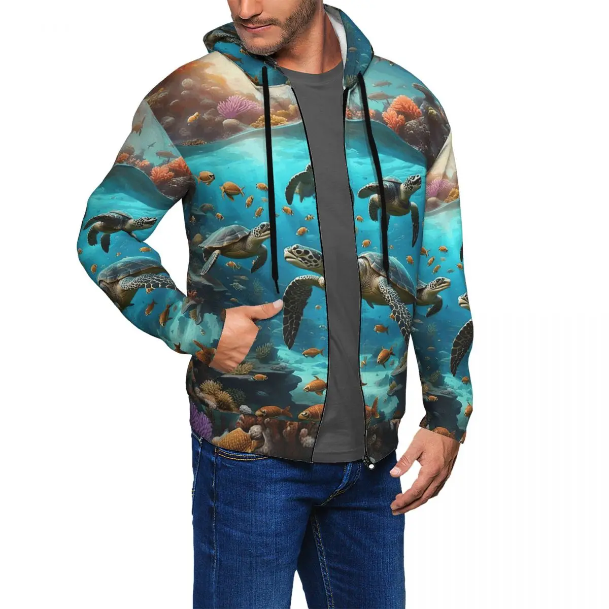 Deep Sea Turtle Underwater World Zipper Hoodies Hip Hop Pullover Autumn Winter Men Women Sweatshirts Long Sleeve Tops