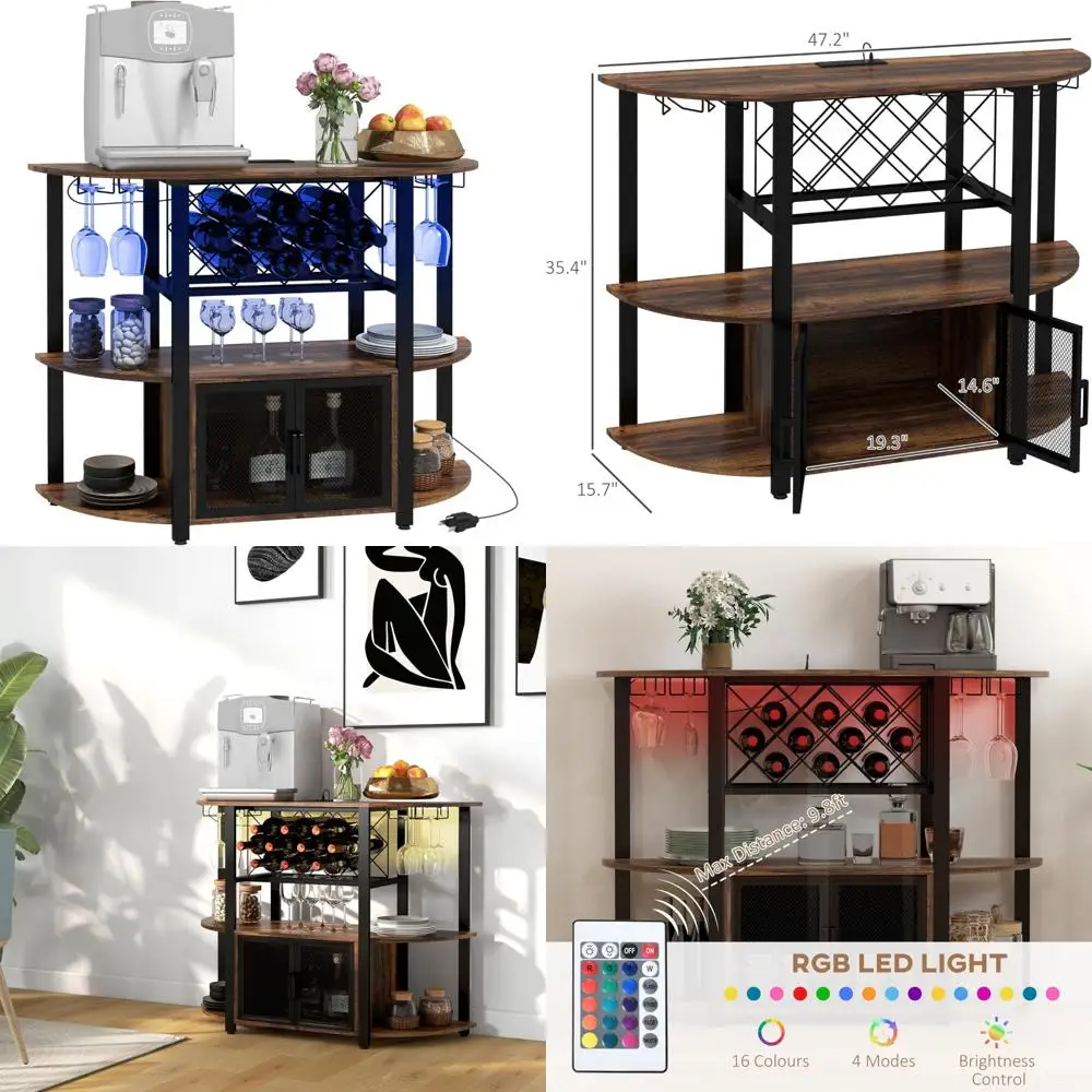 Industrial-Style Liquor Cabinet with Charging Station, LED Lights, and 10-Bottle Wine Rack for Home Bar Stand