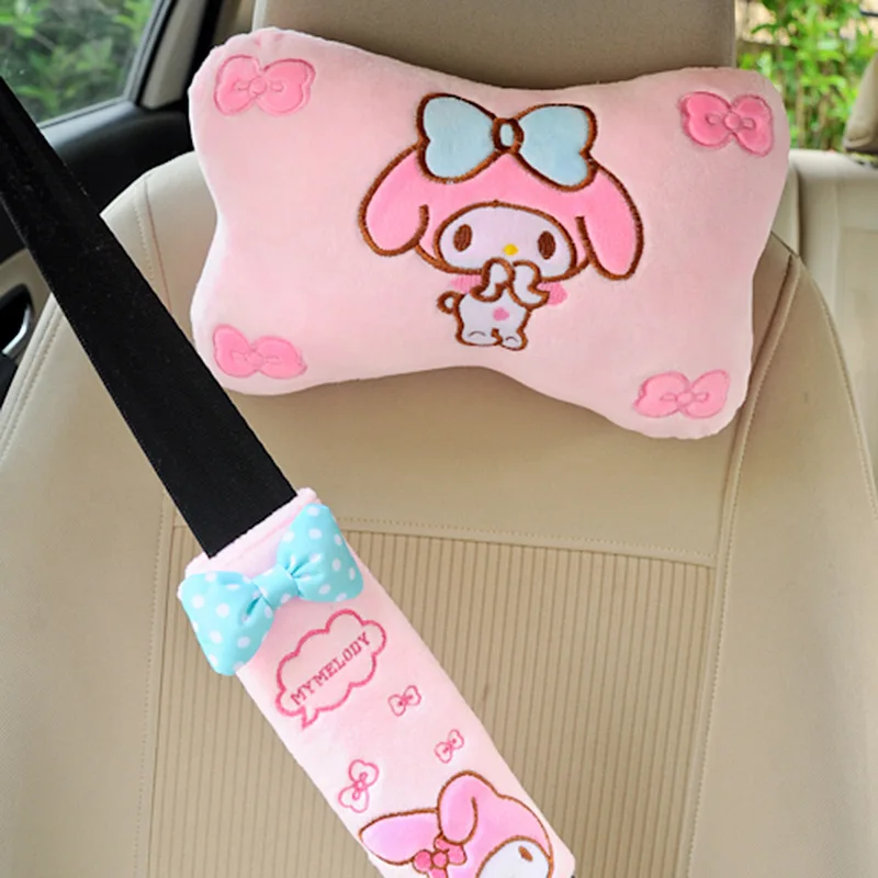 Sanrio Cartoon Plush Hello Kitty Car Headrest Neck Pillow Seat Belt Cover Anime Character Soft Car Supplies Kawaii Girl Gift