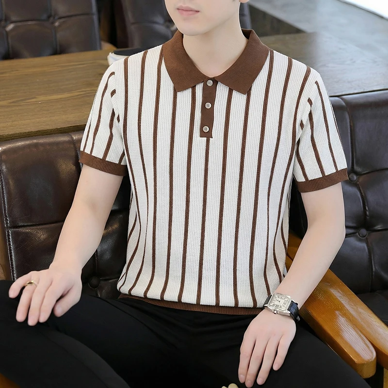 Viscose Blends Stretchy Men's Polo Shirts Short Sleeve Knitwear Summer Quality Soft Comfortable Striped Casual Camisas Masculina