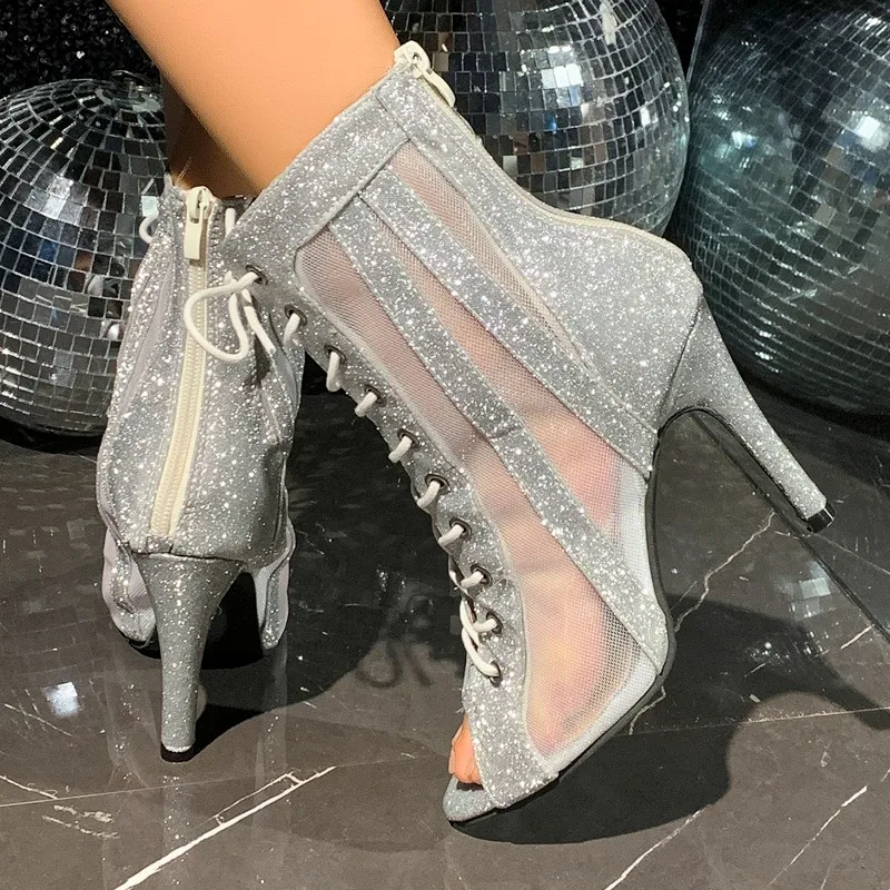 

Холодные сапоги на высоком каблуке Ботильоны с вырезом «рыбий рот» Танцевальные сандалии на шнуровке