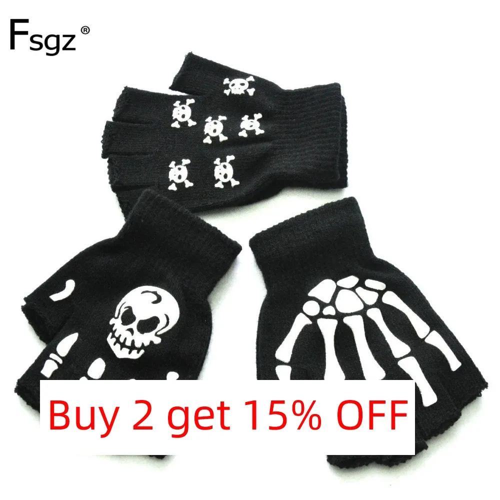 Adult Warm Knitting Half Finger Gloves Human Skeleton Head Gripper Print Non-Slip Wrist Cycling Gloves