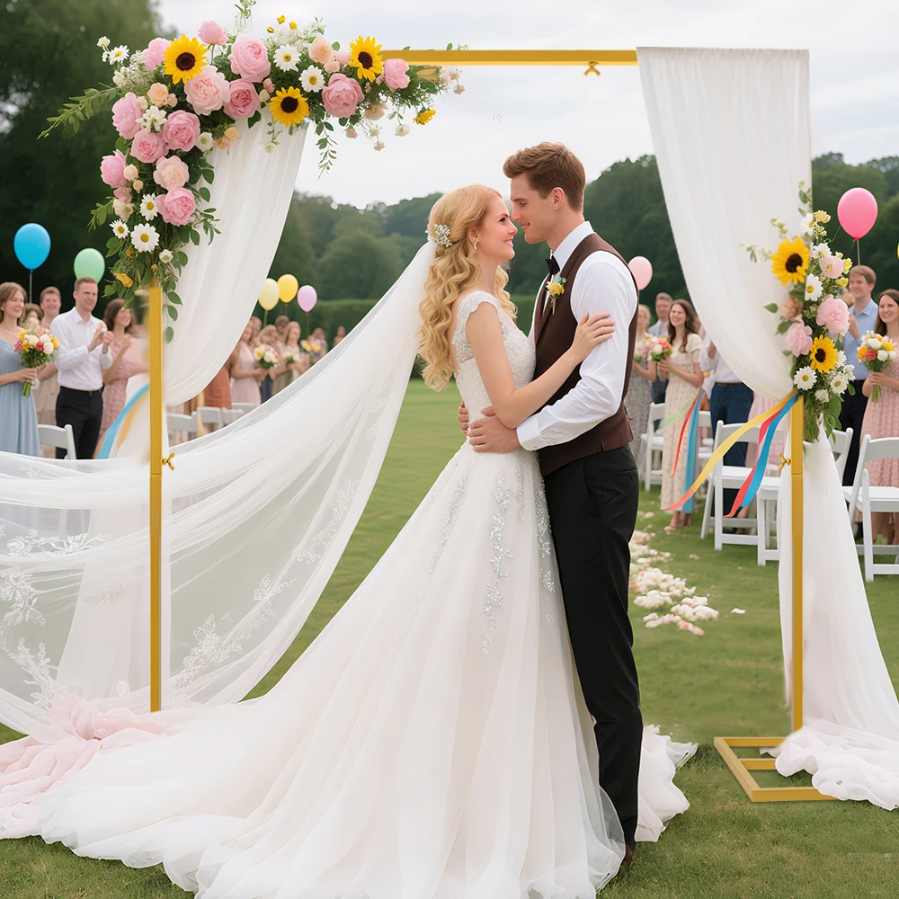 Arco nuziale quadrato in metallo color oro 3M con base, struttura in ferro resistente per fondali, arco per palloncini e fiori per cerimonie di matrimonio, compleanni, giardini, feste all'aperto
