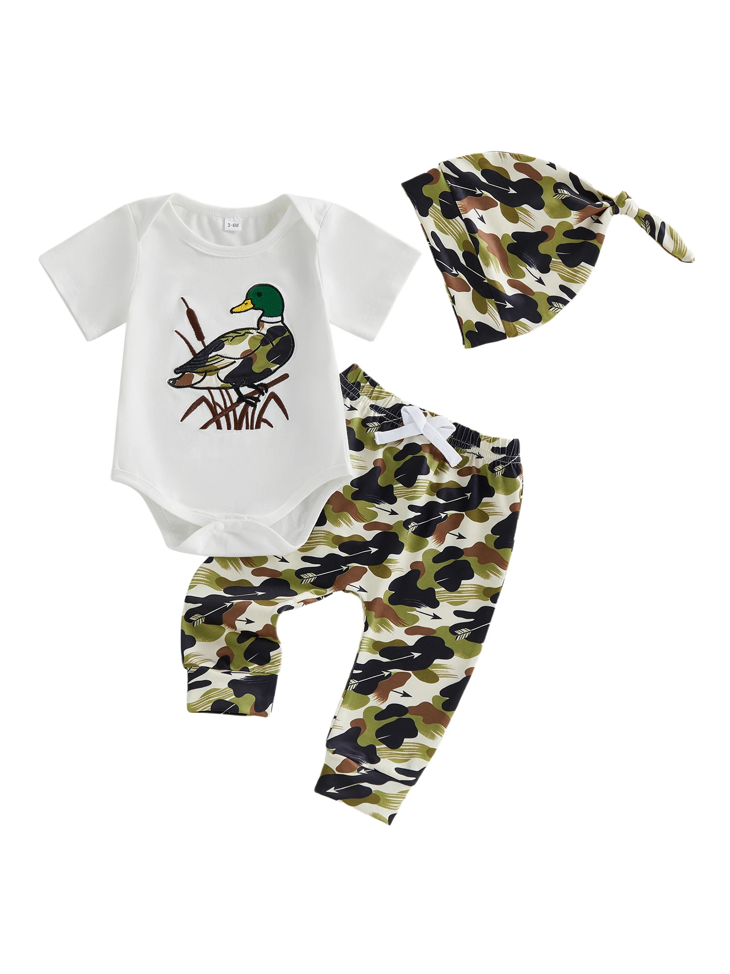 

Очаровательный летний комплект для младенцев-мальчиков с принтом щенков и утят, комбинезон с круглым вырезом, камуфляжные штаны и подходящая кепка - комплект из 3 предметов