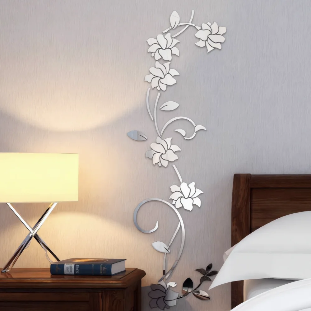 Silver 3D Mirror Acrylic Flower Vine Wall Sticker, DIY Mirror Rose Vine Wall Decal, Modern Stereoscopic Floral Wall Art for Living Room Entryway Home Decor, Size 30cm*100cm