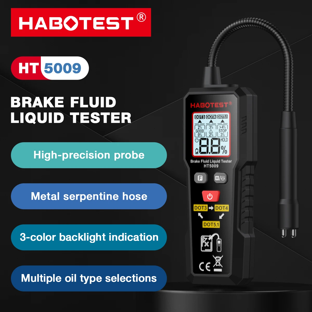 HT5009 Tester del liquido dei freni sonda flessibile 3 colori retroilluminato digitale Auto freno strumento rilevatore di olio liquido per DOT3 DOT4 DOT5.1