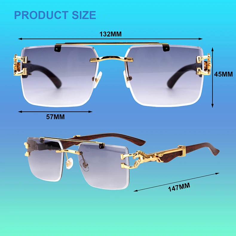 Holzmaserung Sonnenbrille Damen Trendy 2024 Randlose Sonnenbrille Herren Vintage Designer Mode-Brillen Lentes De Sol Mujer Zonnebril – Detail 13