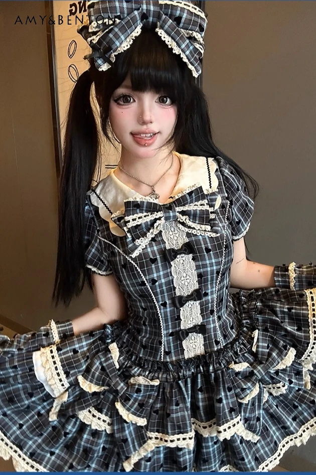Robe bouffante à carreaux pour filles, manches bouffantes, coupe cintrée, col de poupée mignon, nœud, robe Lolita pour femmes, robes de soirée de princesse élégantes