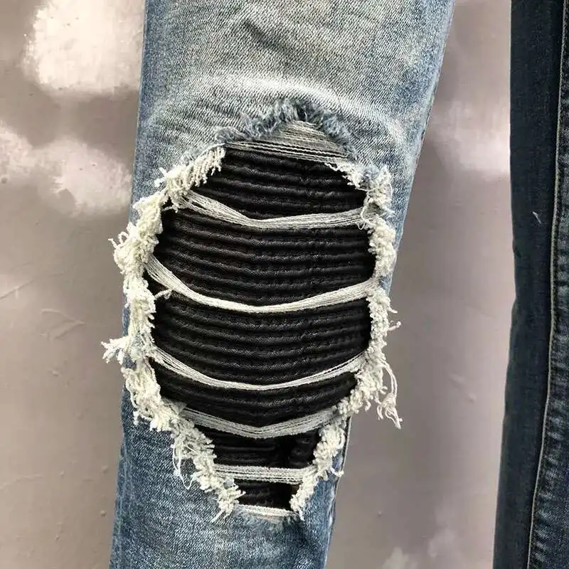 بنطلون جينز أزرق نحيف للرجال مع سحاب ، خليط ، هيب هوب ، مكدسة ، بنطلون دراجة نارية ، ملابس الشارع الشهير