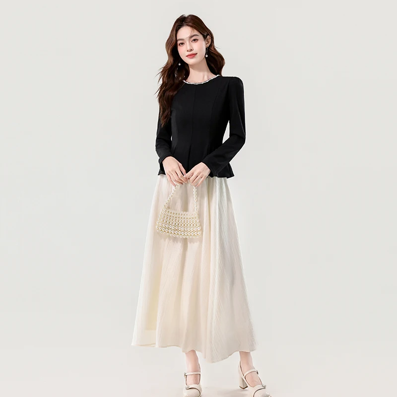 Autumn French Elegant High-end 2 Piece Set Women's O-Neck Beaded Top + Apricot Color Long Skirt Casual Chic Minimalist Outfit