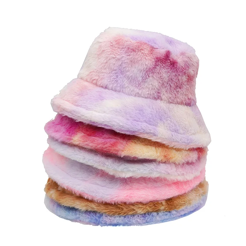 

2023 Winter Tie Dye Faux Fur Fluffy thick Bucket Hats Women Outdoor Keep Warm Hat Soft Fisherman Cap Lady Fashion Panama Female