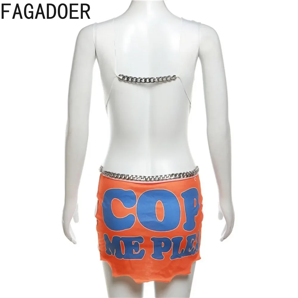 Fagadoer weiße Mode y2k Kette aushöhlen figur betonte Mini kleider Frauen Riemen ärmellose rücken freie Brief druck unregelmäßige Vestidos