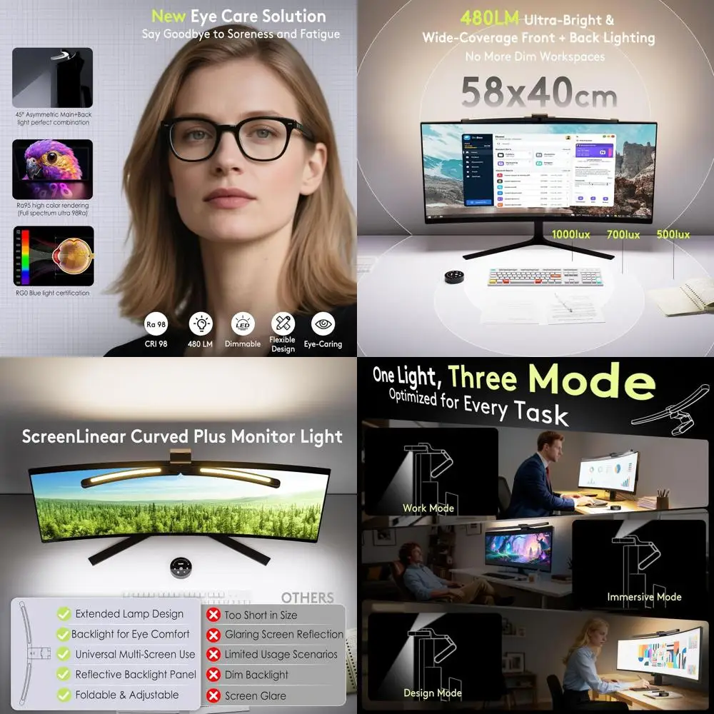 

Curved Monitor Light Bar with Dual Adjustable LED Desk Lamp - Rotatable Arc-Shaped Bars for Large Screens