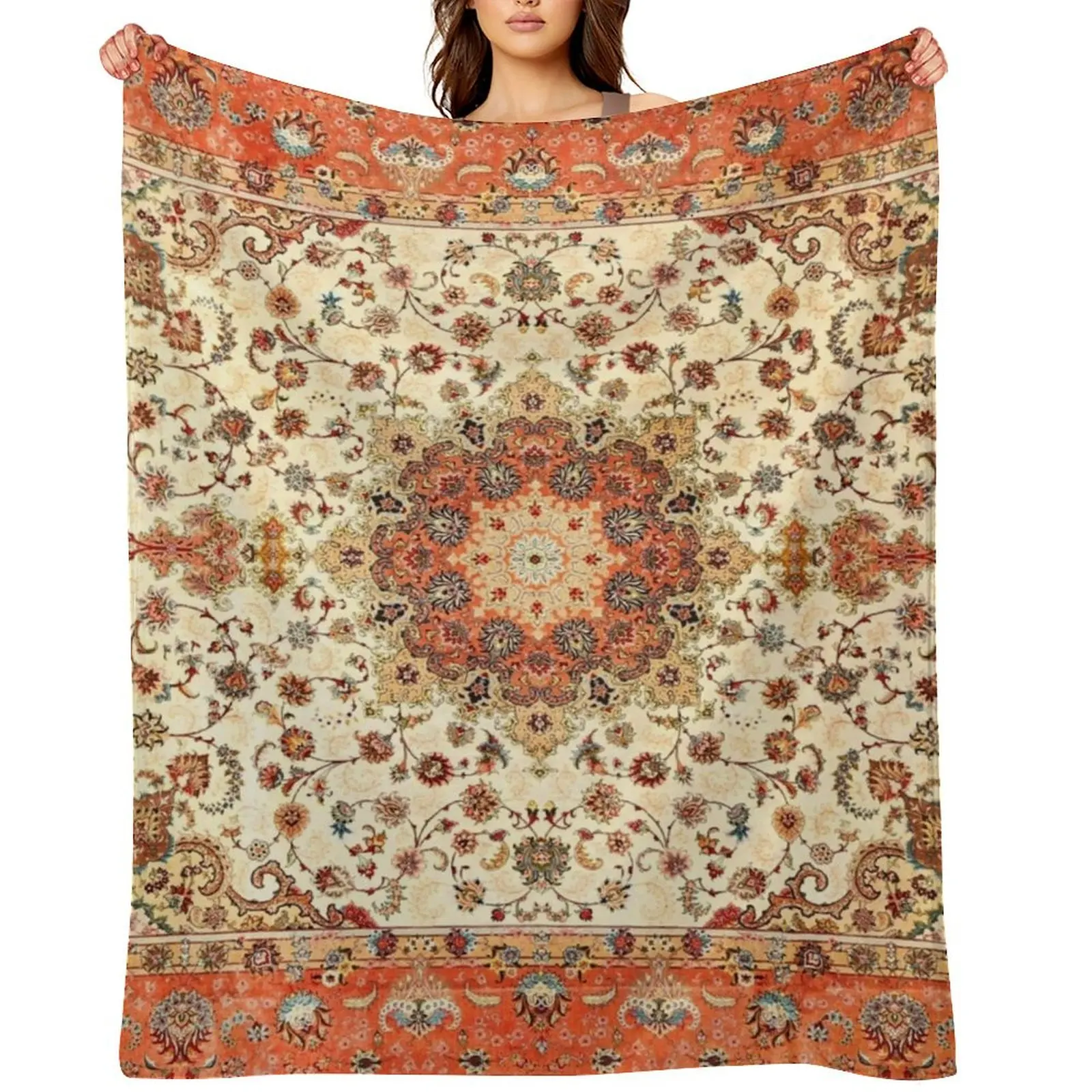 

Orange Traditional Oriental Moroccan Artwork Carpet Style. Throw Blanket Single Softest Warm Soft Beds Blankets