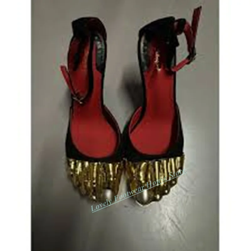 

Woman Stiletto Heel New Style Split Gold Toe Velvet Sandal Shoes Buckle Ankle Strap Female Thin High Heel Summer Sandal Shoes