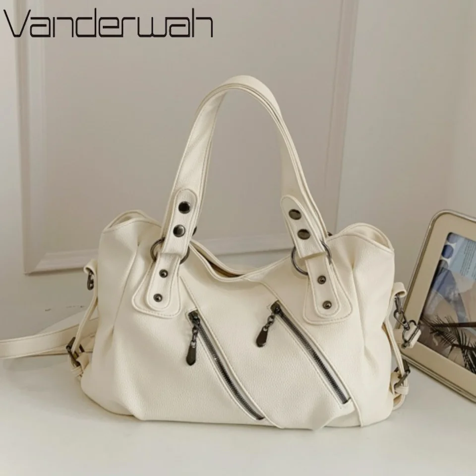 Retro Shoulder Bags for Women New Soft PU Leather Tote Bag Female Luxury Solid Color Crossbody Bag Large Capacity Messenger Bag