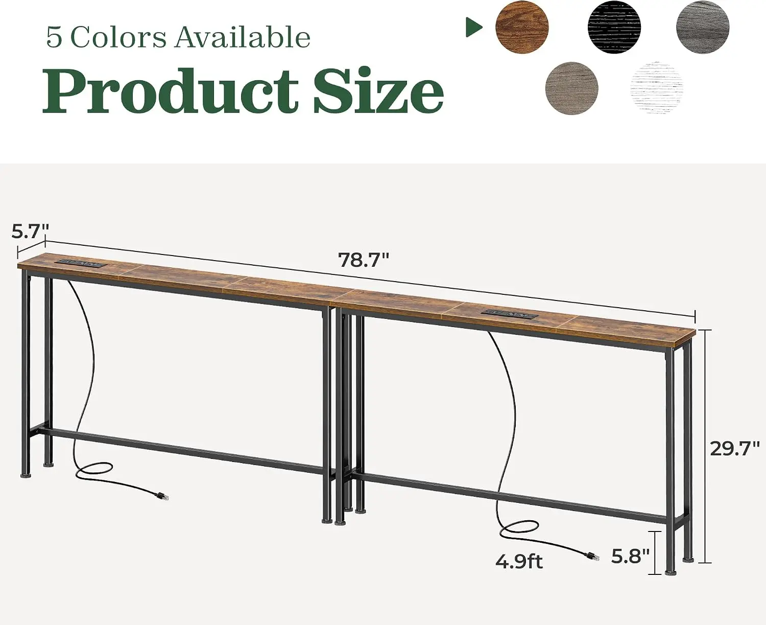 78.8 inch Narrow Behind Couch Table with 2 Charging Stations | 2 AC Outlets with USB-C Ports, Extra Storage Behind Sofa, Sofa Ta
