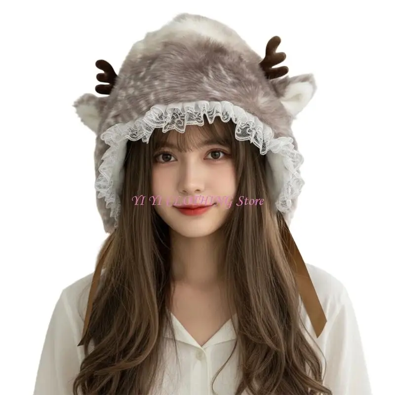 N5KF Girl Cartoon Elk Trapper Hat Thicken Furry Deer Hat for Climbing Skiing Sports Headwear Deer Oversized Hat