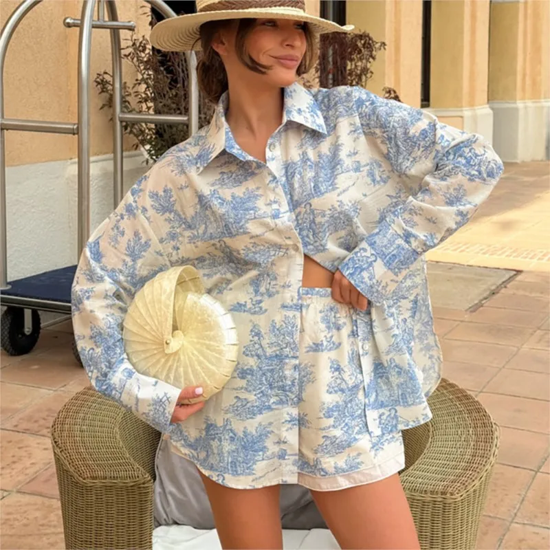 

Lapel Fashion Printed Single Breasted Loose Long Sleeve Shirt Top Elastic Waist Shorts 2 Piece Set Women's Summer Resort Outfit