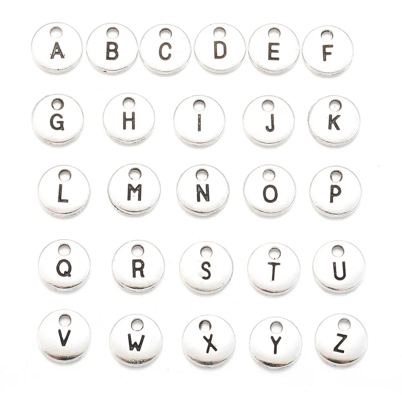 130Pcs Wholesales Round Shape 10mm Single Hole Alloy  letter Pendant with Gold/rose-color A-Z 26 Letter Jewelry Accessories