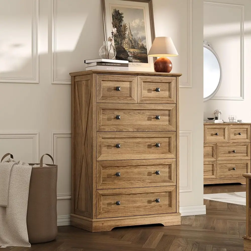 

6 Drawer Chests for Bedroom, Rustic Style with Wood Organizer for Living Room and Hallway, Natural Oak Finish