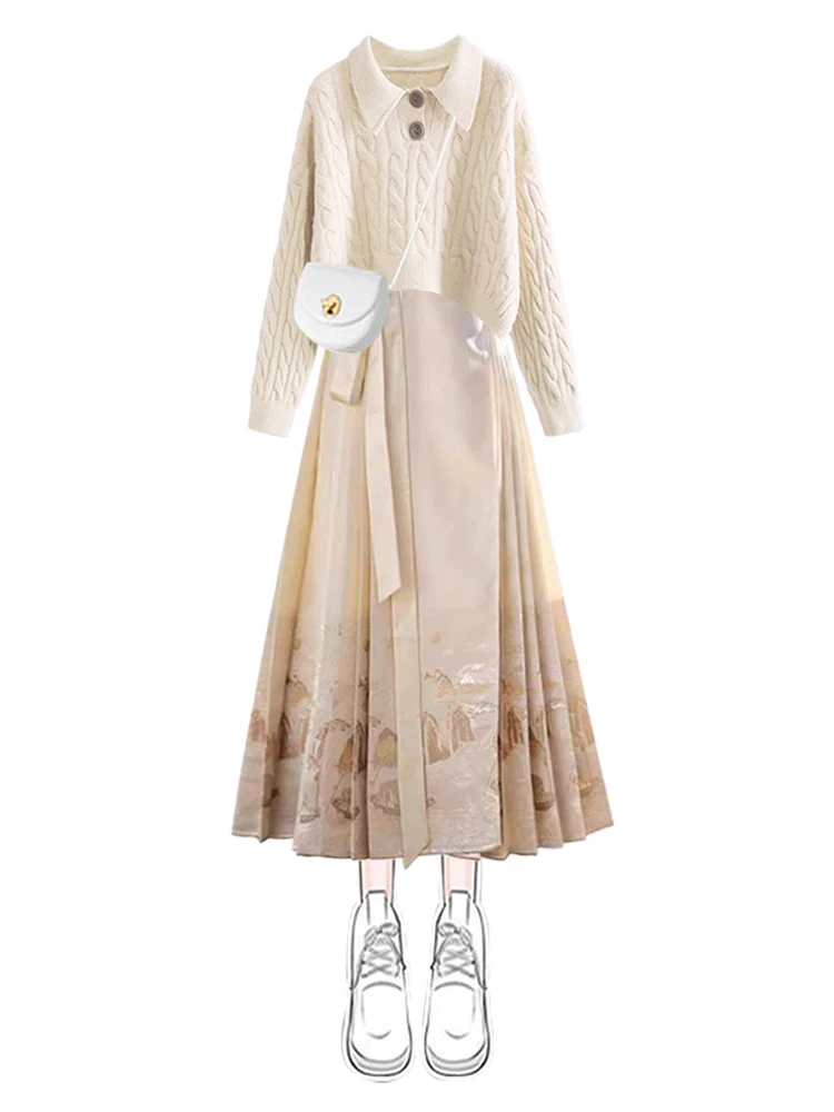 Nouveau chinois Sle doux confortable tricoté pull et taille haute minceur jupe ensemble femmes Faion tenue décontracté deux pièces costume