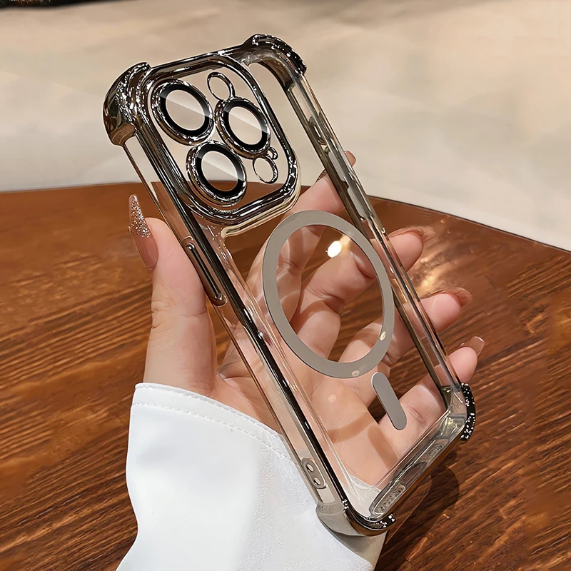 حافظة شحن لاسلكية مغناطيسية فاخرة مضادة للصدمات لهاتف Magsafe لهاتف iPhone 16 15 14 13 12 Pro Max غطاء مدرع مقاوم للصدمات