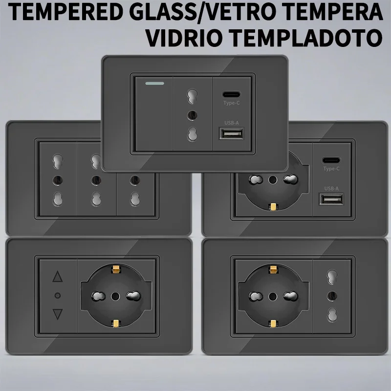 

T&ISmart Wall Sockets with USB-C Fast Charge - Italy & Chile Outlets, Durable Tempered Glass Panel for Home Installation​