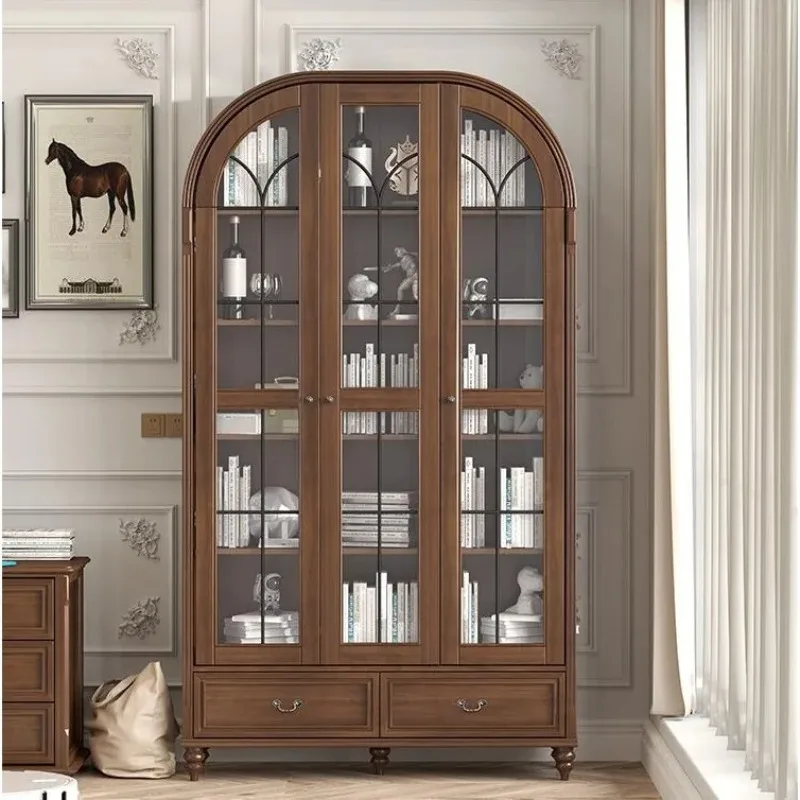 

Американский книжный шкаф из массива дерева с двумя дверцами, от пола до потолка, с арочными стеклянными дверцами, для дома, гостиной, винный шкаф, вертикальный, от стены до стены