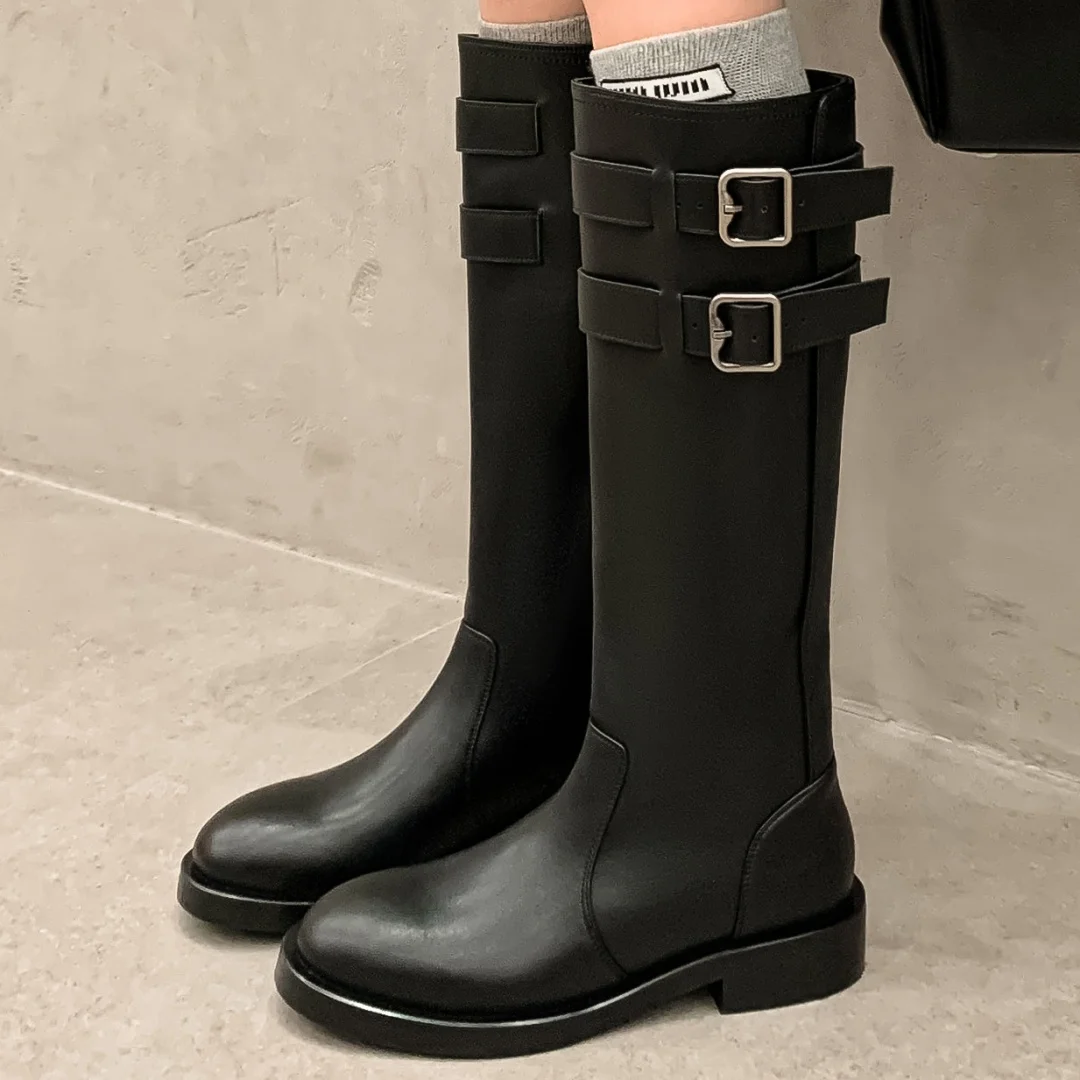 

Women's genuine leather double metal buckle slip-on flats autumn knee high knight boots round toe casual female flats long boots