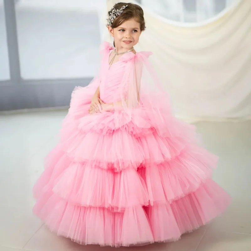 Yellow Flower Girl Dresses Tulle Puffy Tiered With Bow Shoulder Sleeveless For Wedding Birthday Party Banquet Princess Gowns