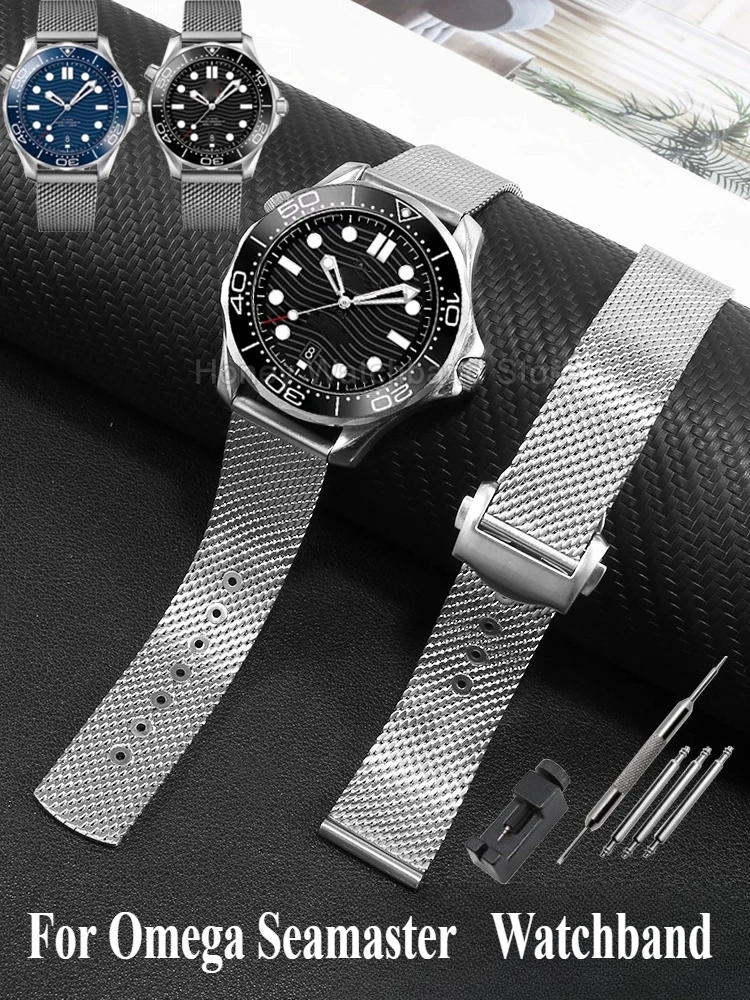 Image of 20 mm silberfarbenes Schwarz für Omega Seamaster-Uhrenarmband, Edelstahl, spezielle Schnittstelle, Faltschließe, wasserabweisend, Sport-Passform