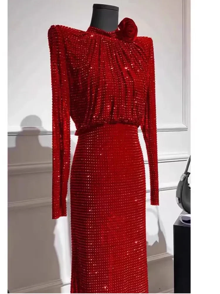 High-Quality Rhinestone Party Dresses For Women Round Neck Long Sleeve Slim Waist Runway Long Dress Female Fashion Clothing