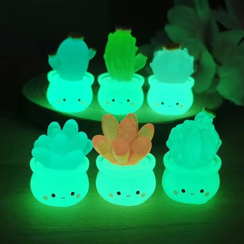 6/1Pcs Luminous Mini Cactus Figurines Cute Resin Succulents Plant Car Ornaments Toys Glowing Microlandscape Garden Decoration