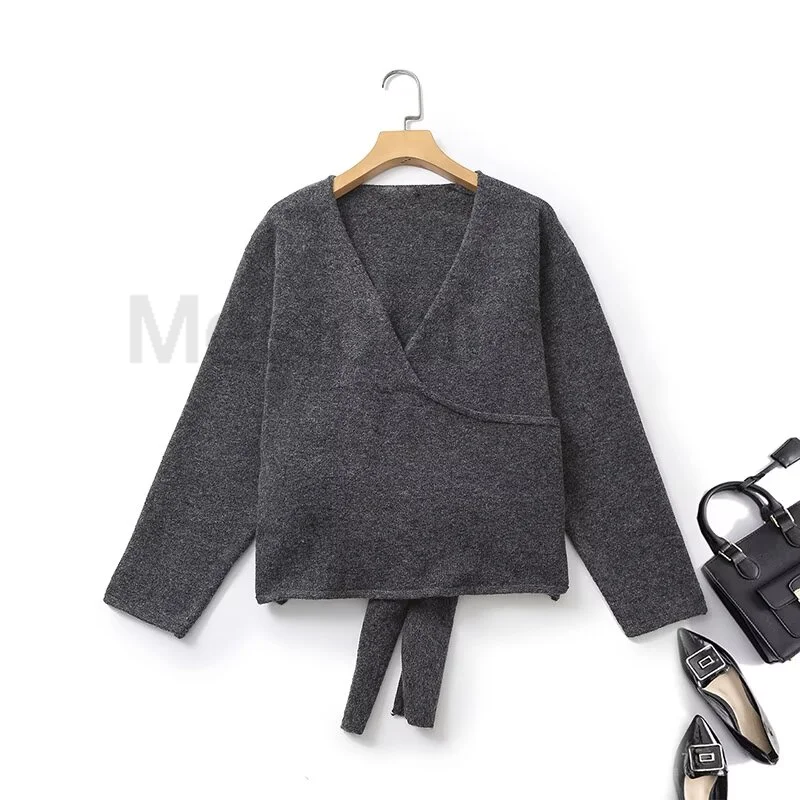 MD Women\'s Cardigan Grey simple long-sleeved V-neck tie knitted Wool sweater Loose Sweater Women Wool Crop Cardigan Top
