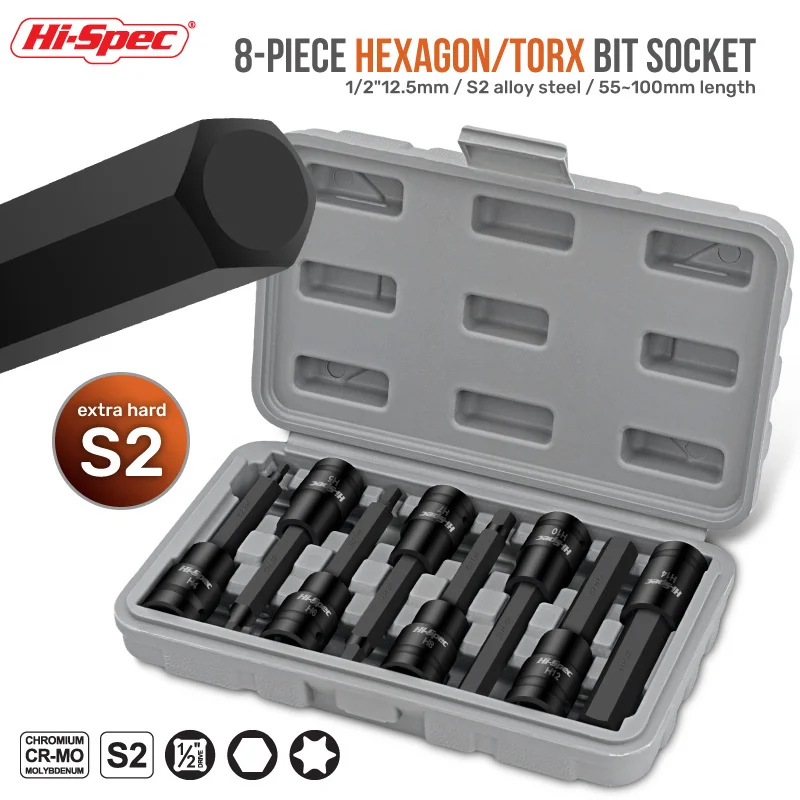 Hi-Spec 8pc Hex/Torx Bit Socket CR-MO/CR-V Extended Socket Head S2 Screwdriver Spanner Socket For Air/electric/head Wrenches