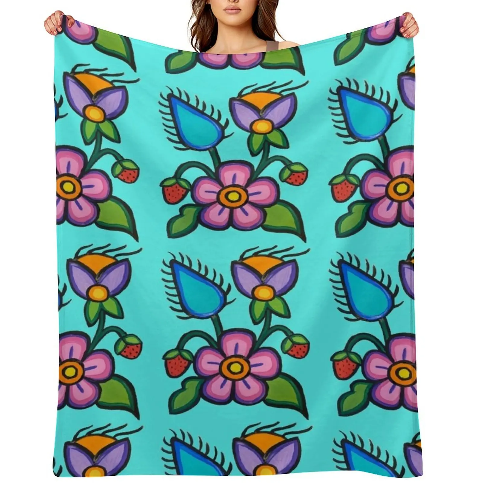 

Strawberry Bloom on soft cyan Throw Blanket for winter Retros For Baby Custom Blankets