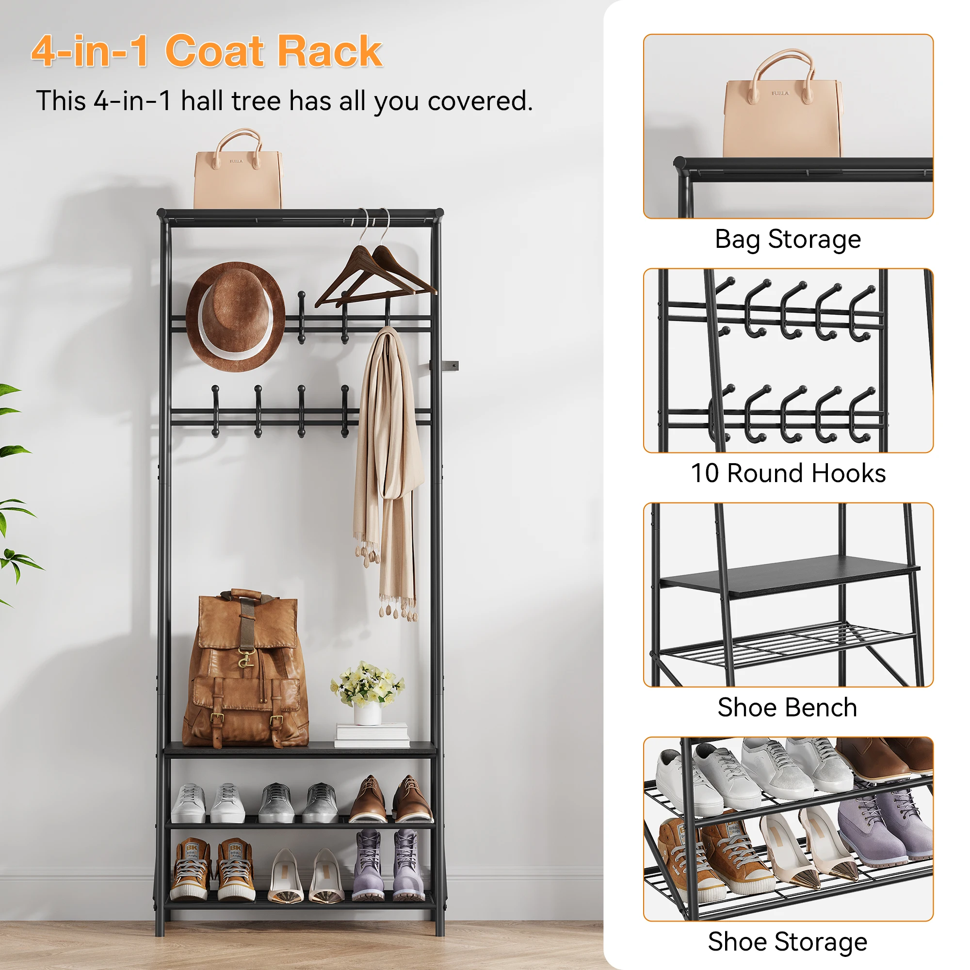 Garderobenständer, 4-in-1-Kleiderständer für den Flur, Schuhbank im Eingangsbereich mit Metallrahmen, 3-stufiges Regal und 10 Haken für den Eingangsbereich, Flur – Detail 2