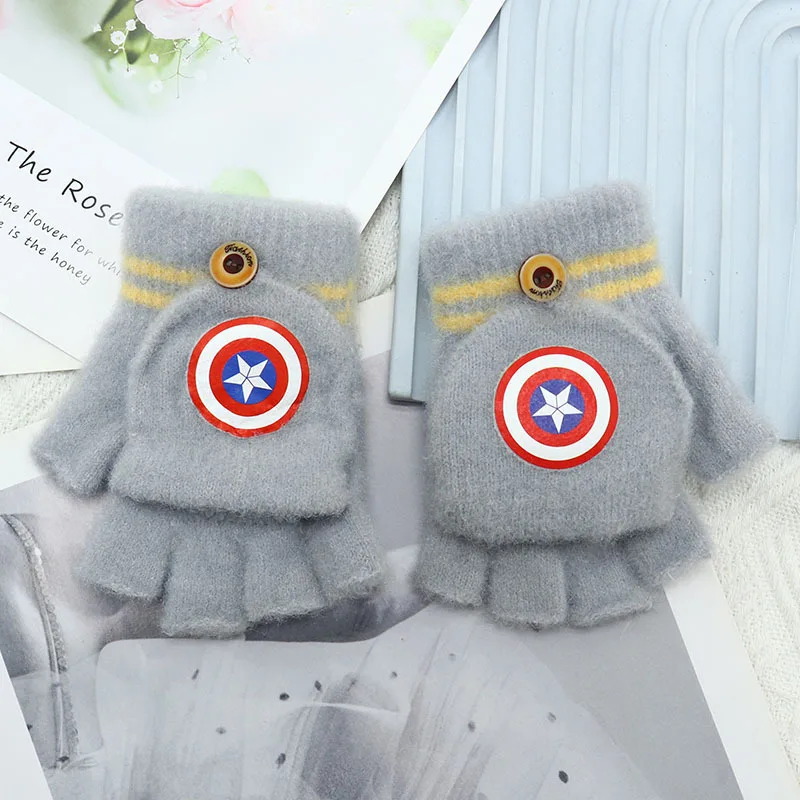 MINISO Marvel Captain America shield children\'s half-finger warm gloves winter padded knitted cartoon flap cold gloves