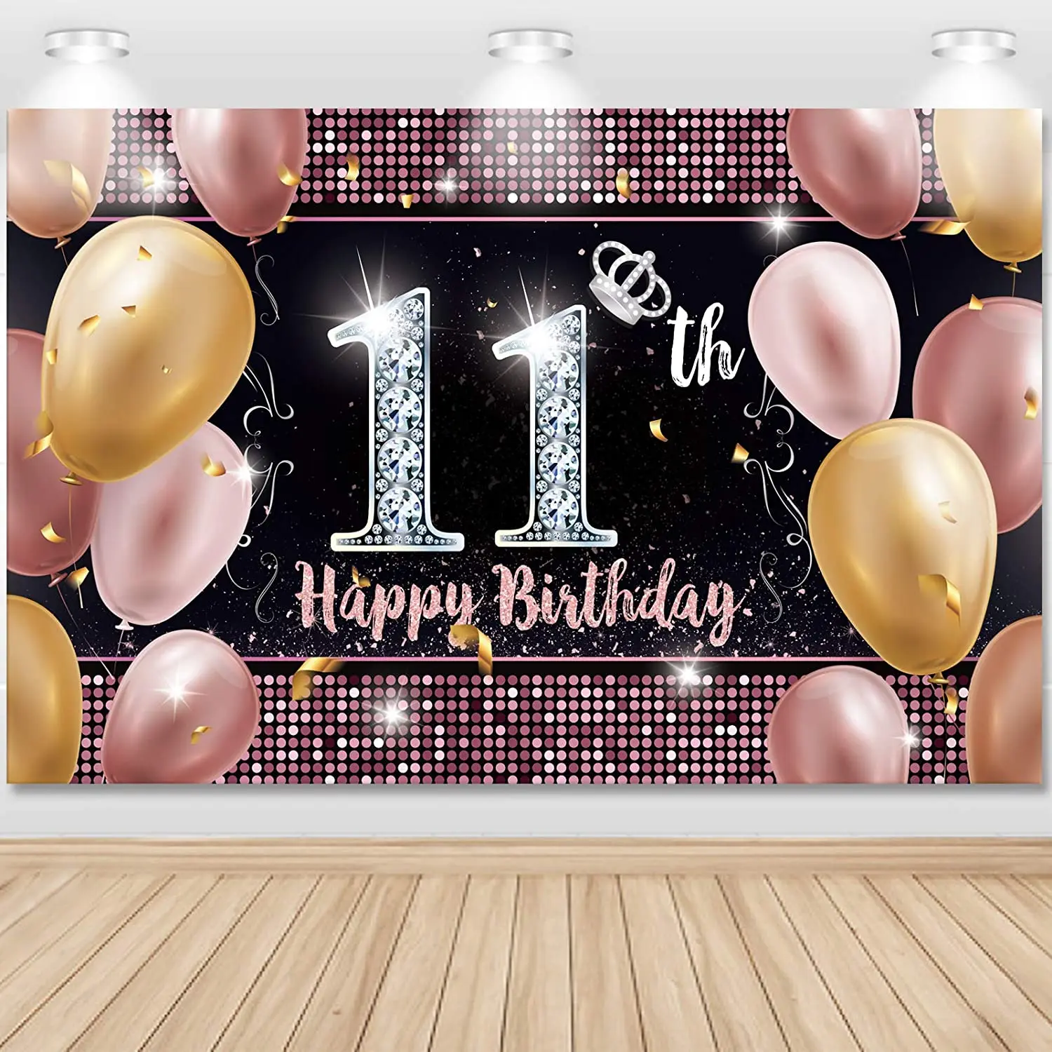 

Happy 11th Birthday Party Photography Backdrop Banner Pink Gold Photo Background Party Decoration Supplies for Girls