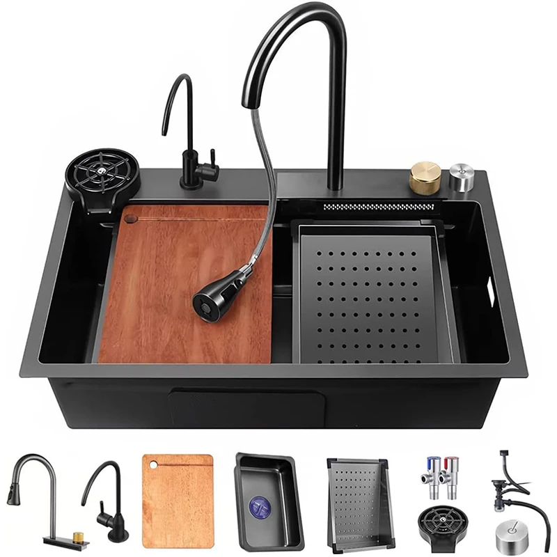 304 stainless steel sink kitchen sink with rainfly pull-out waterfall faucet integrated large single bowl vegetable sink