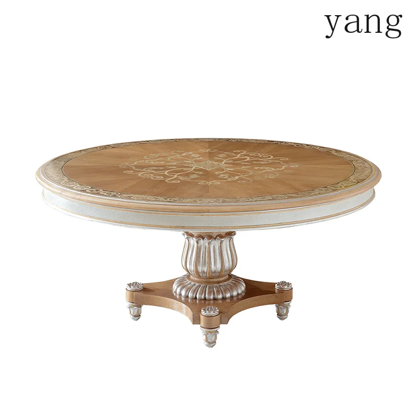 LMM solid wood dining table, new living room, vintage distressed carved villa, luxury round table