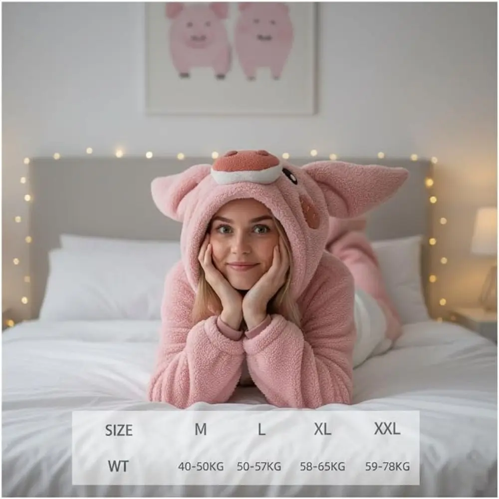 Coral Fleece Pig Onesie Pajamas 3D Ears Design Piggy Pocket Detail Lounger Robe Warm Hooded Style Adult Wearable Blanket