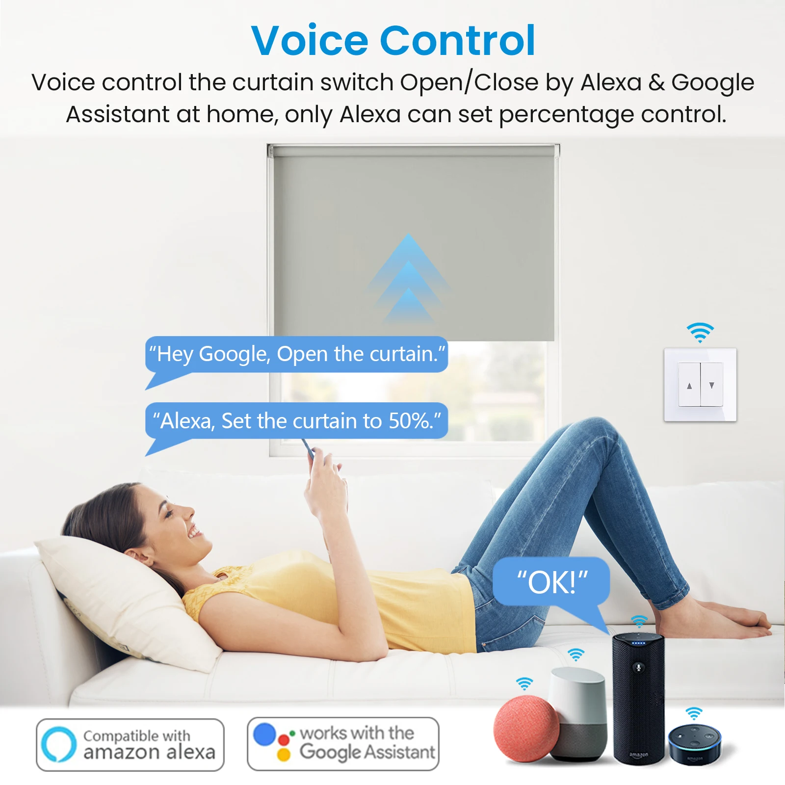 QCSMART Tuya roda rana hidup cerdas, sakelar tirai kontrol persentase dengan lampu latar suara Google Assistant Alexa