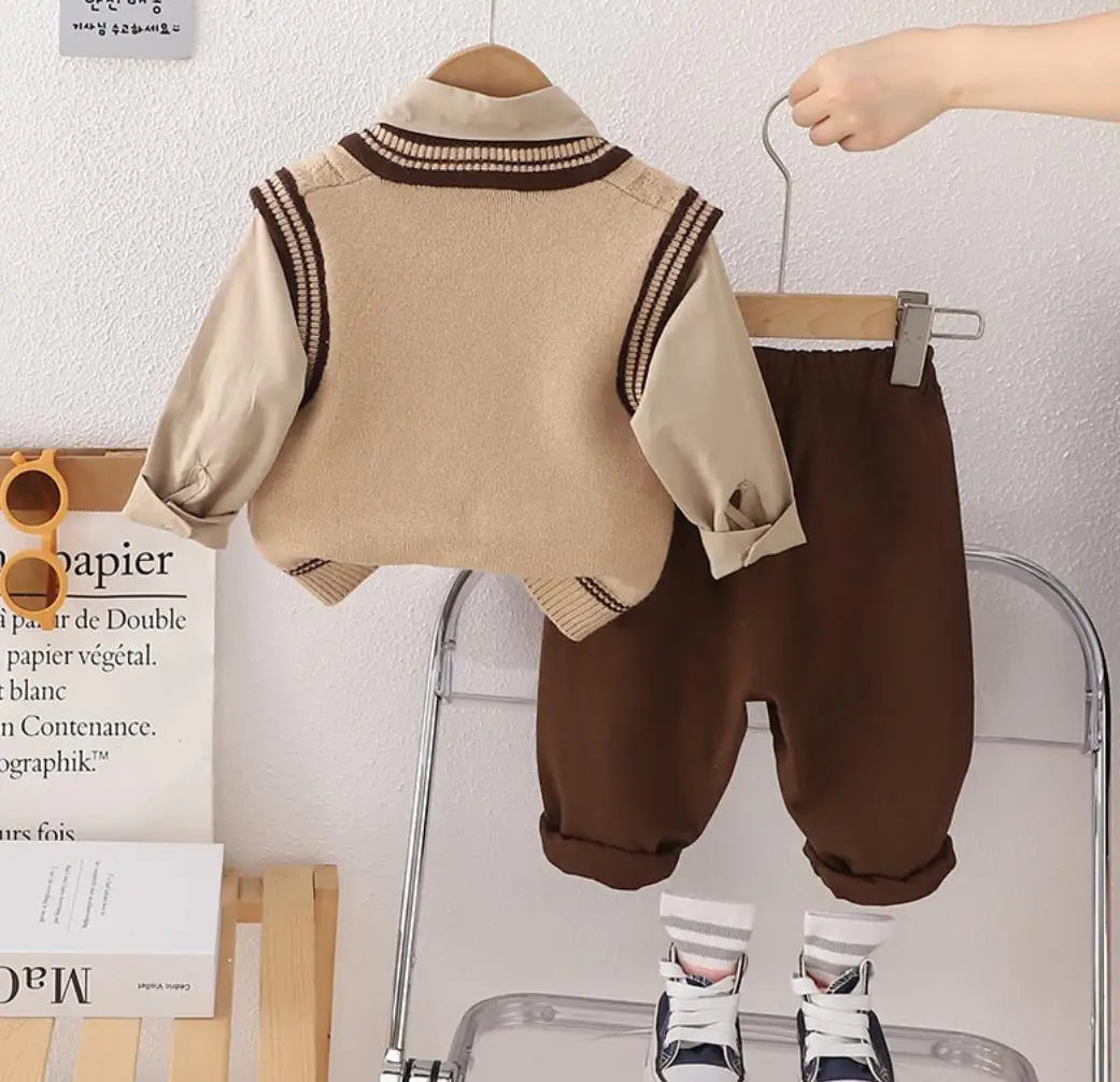 3PCS Boys Sweater Sets Spring Autumn Kids V-neck Preppy Knitted Vest+T-shirts+Pants Casual Toddler Outfits Infant Baby Clothing