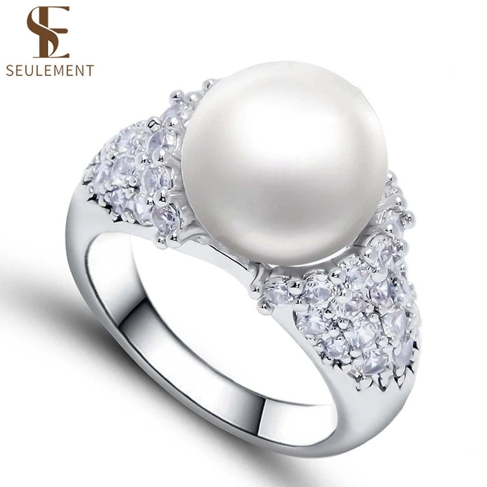 

Seulement Large Cultured Pearl Engagement Rings for Women Shiny Round Pearl with Zirconia Promise Jewelry with Ring Box