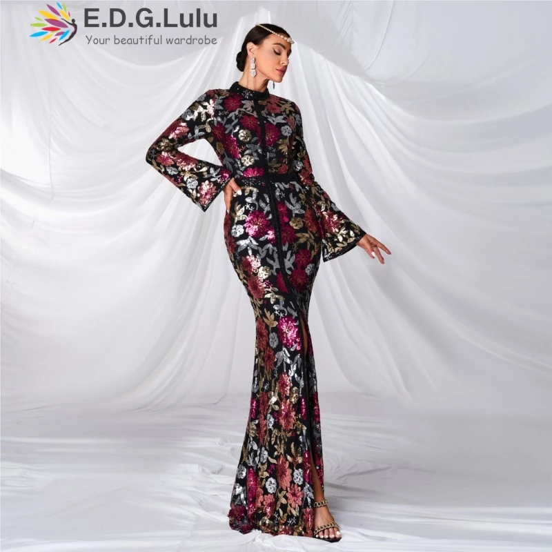 EDGLuLu  High Quality Sequin Floral Legant Party Dresses Woman O Neck Flared Sleeve Birthday Long Mermaid Dresses 1211