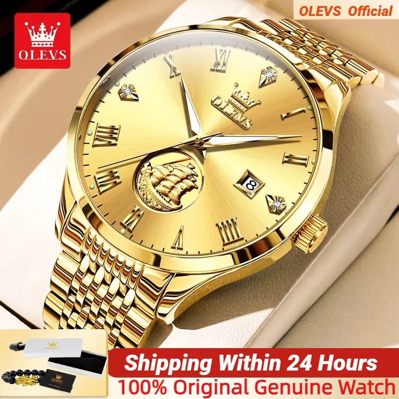 

OLEVS Real Gold Sailboat Men's Watches Business Dress Luxury Waterproof Stainless Steel Automatic Mechanical Wrist Watch for Men